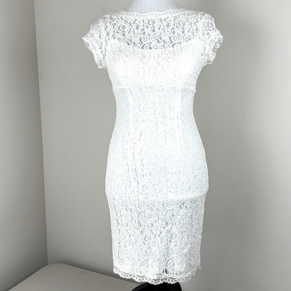 DB Studio (David’s Bridal) All Over Lace knee length dress cap sleeve in Ivory 2 - Picture 2 of 12